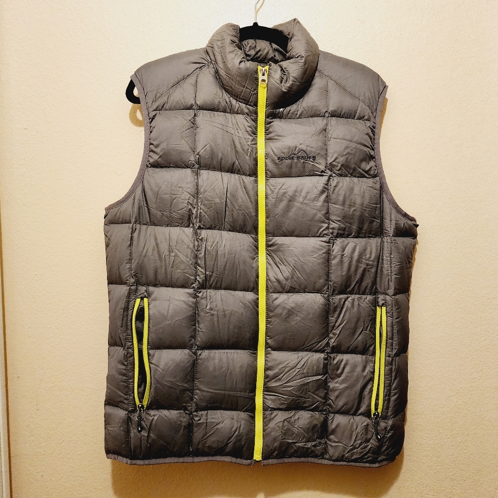 EDDIE BAUER Goose Down Mens Puffer Vest 700 Fill Power Grey/Lime Green Medium